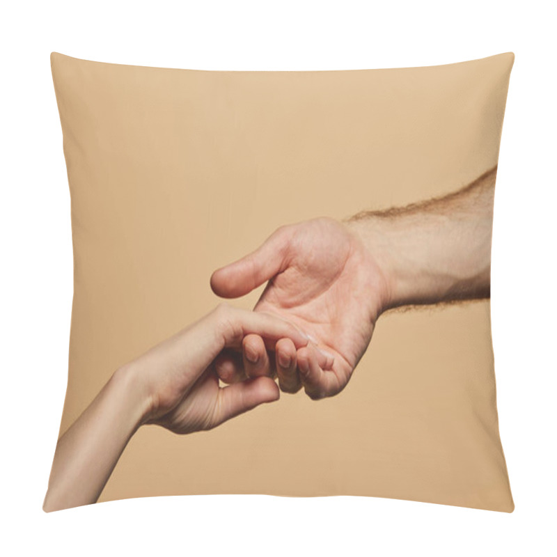 Personality  Cropped View Of Man Holding Woman Hand Isolated On Beige Pillow Covers