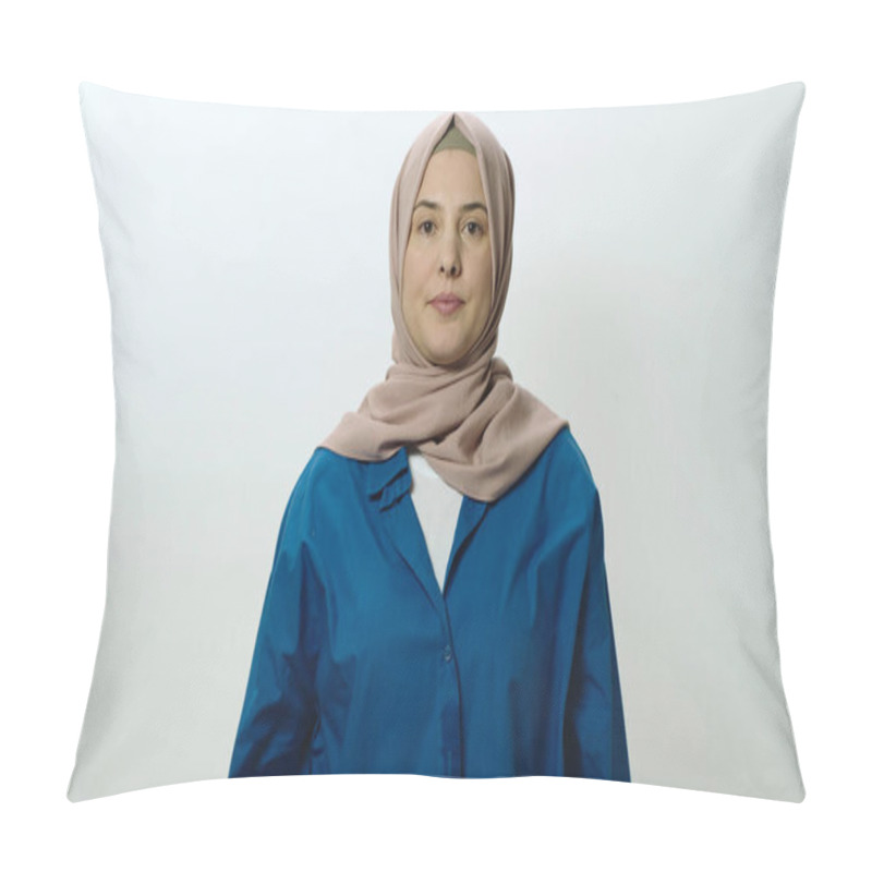 Personality  Happy And Cheerful Young Woman In Hijab Smiling At Camera. Woman Posing In Studio Portrait Isolated On White Background. Portrait Showing The Feeling Of Shock Or Wow In The Face Of Surprise. Pillow Covers