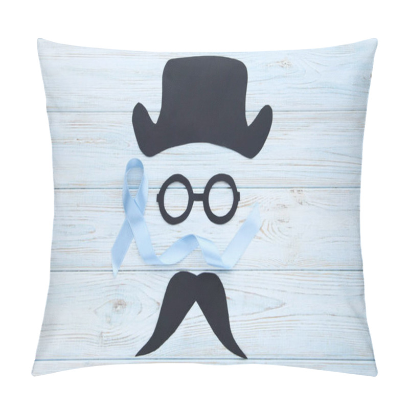 Personality  Blue Ribbon With Paper Hat, Glasses And Mustache On Wooden Background  Pillow Covers