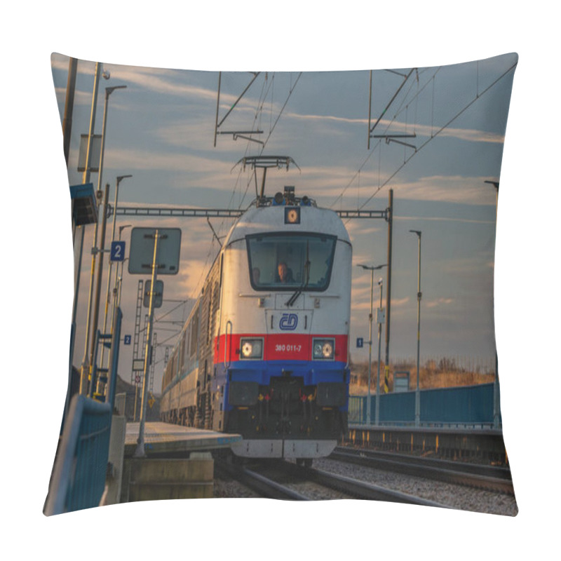 Personality  Fast Railway Electric Tracks In Cold Winter Fresh Morning With Fast Trains Near Dynin CZ 12 04 2024 Pillow Covers