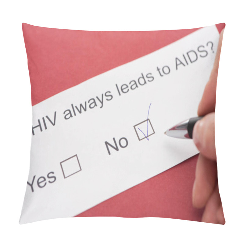 Personality  Cropped View Of Person Answering HIV Questionnaire On Red Background Pillow Covers