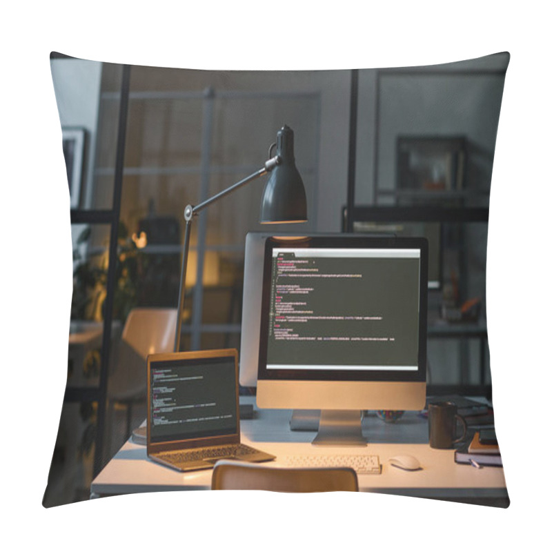 Personality  Modern Workplace With Computers With Security Codes On The Screen In Dark IT Office Pillow Covers