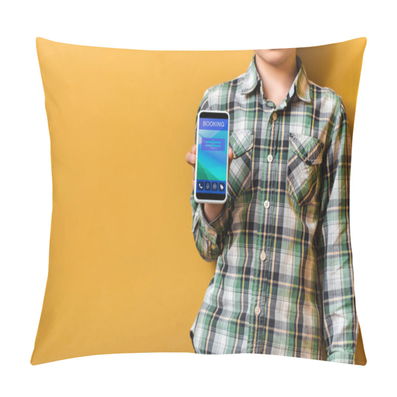 Personality  Sad Asian Boy Holding Smartphone With Booking App On Yellow Pillow Covers