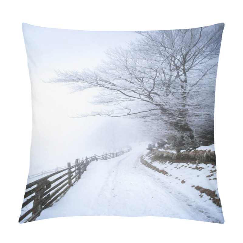 Personality  Road In Winter Forest In Mountains  Pillow Covers