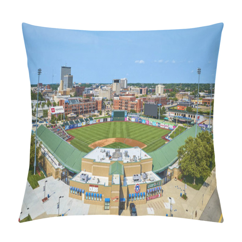 Personality  Aerial View Of South Bend Cubs Stadium At Four Winds Field, Showcasing The Bright Green Field And Downtown Skyline. Perfect For Sports, Community, Or Urban Development Themes. South Bend, Indiana. Pillow Covers