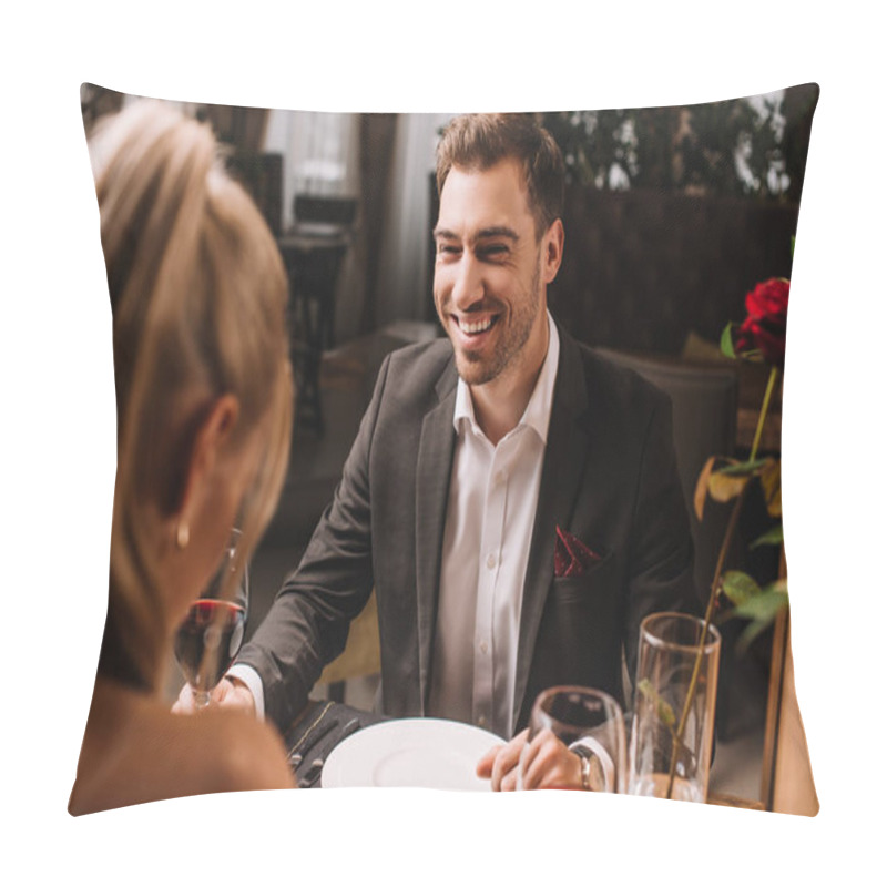 Personality  Handsome Man Laughing In Restaurant While Looking At Woman  Pillow Covers