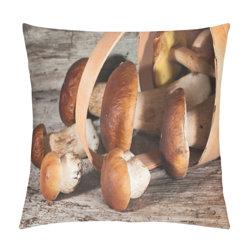 Personality  Boletus Mushrooms In A Basket On A Wooden Board. Pillow Covers