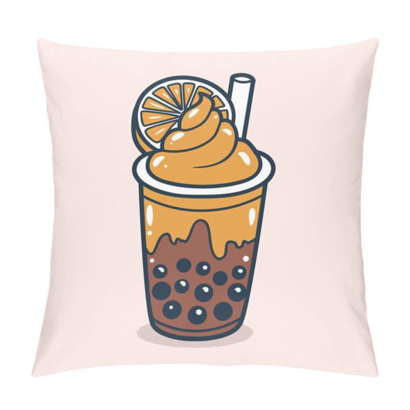 Personality  Bubble Tea Drink With Orange Toping Illustration Pillow Covers