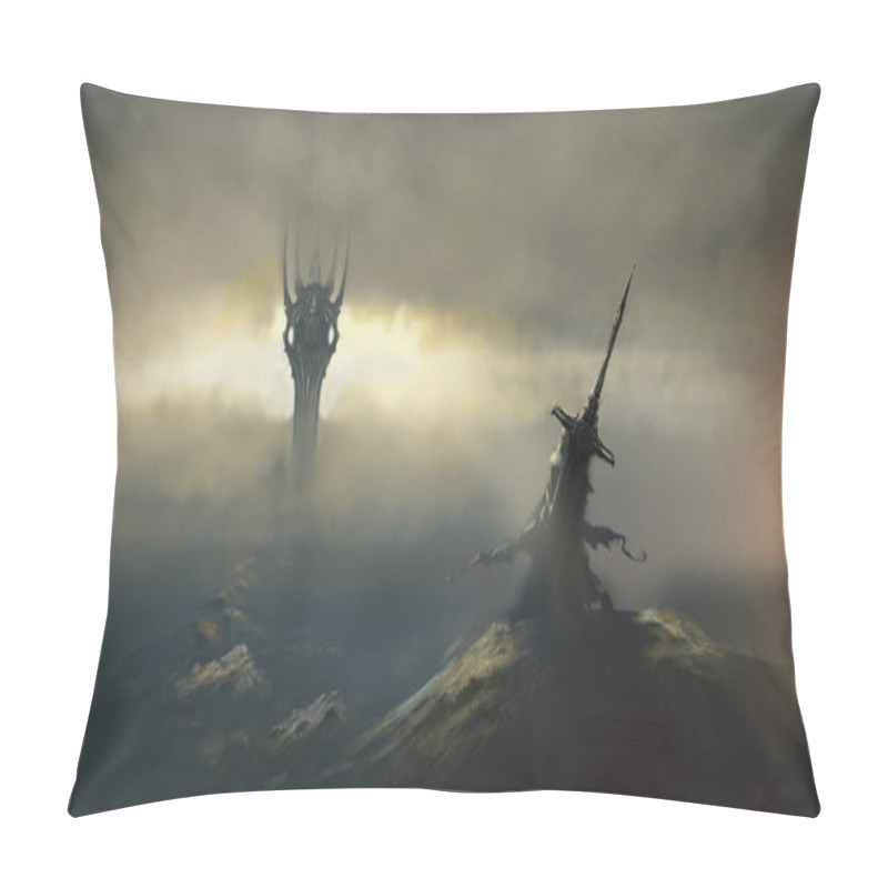 Personality  A Traveler With A Huge Two-handed Sword Behind Him Looks At A Lonely Tower In The Distance, Surrounded By Clouds, A Road Made Of Mountain Stones Leads To It. Digital Art, 2D Illustration, Pillow Covers