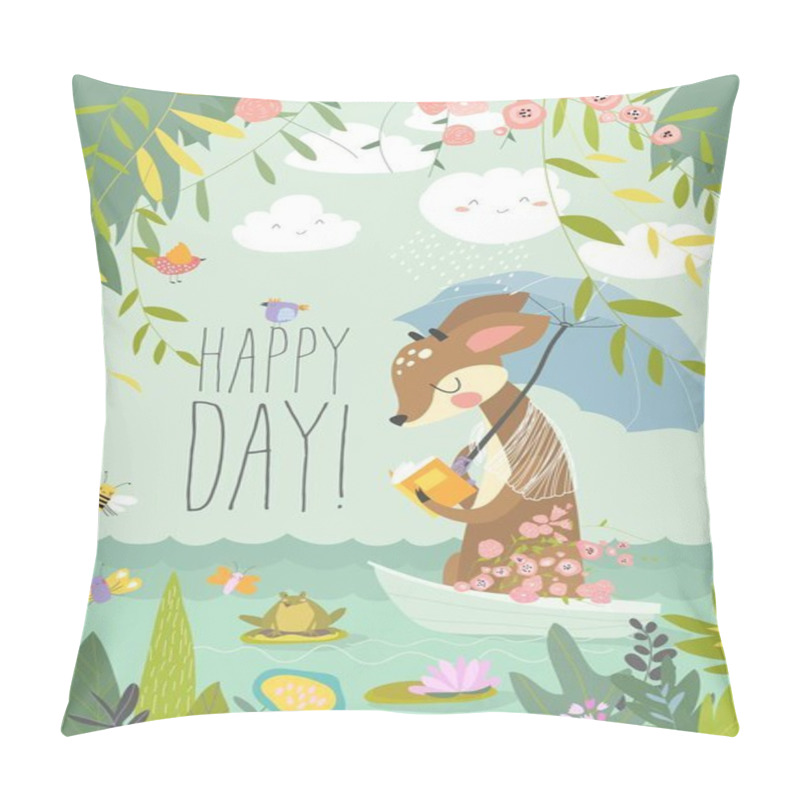 Personality  Cute Deer Reads Book In Little Boat. Hello Summer Pillow Covers