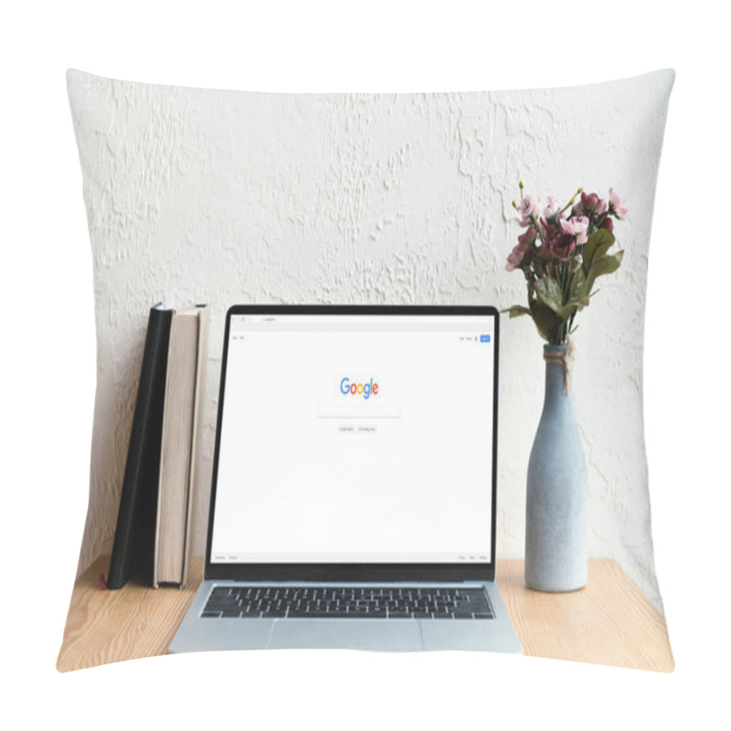 Personality  Laptop With Google Website On Screen, Books And Flowers In Vase On Wooden Table Pillow Covers