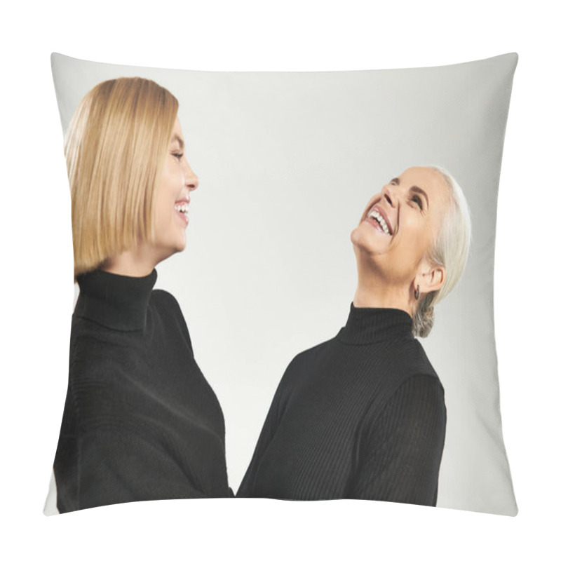 Personality  A Mature Woman And Her Daughter Share A Joyful Moment Filled With Laughter. Pillow Covers