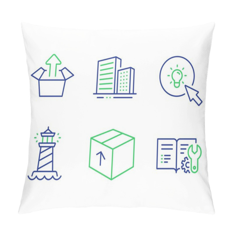 Personality  Energy, Buildings And Lighthouse Icons Set. Package, Send Box And Engineering Documentation Signs. Vector Pillow Covers