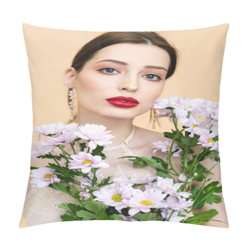 Personality  Young Woman Holding Blooming Chrysantemum Flowers Isolated On Beige  Pillow Covers