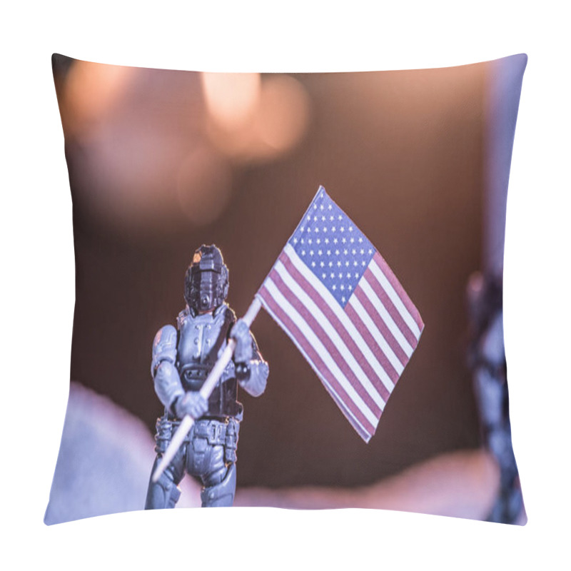 Personality  Selective Focus Of Toy Astronaut Holding National American Flag In Space  Pillow Covers