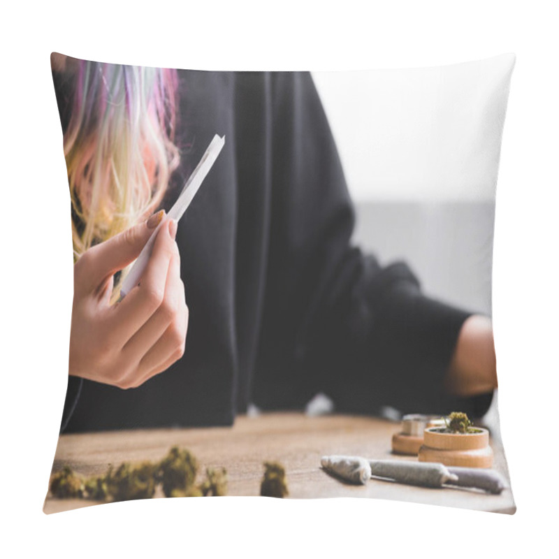 Personality  Selective Focus Of Girl Holding Joint With Marijuana Pillow Covers