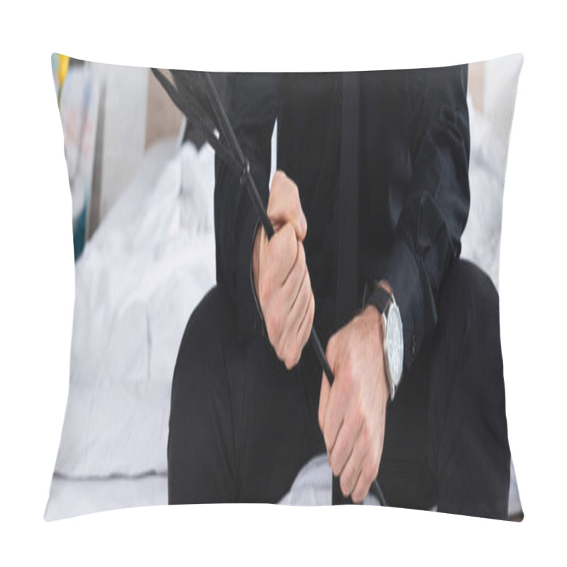 Personality  Cropped View Of Man With Flogging Whip Sitting On Bed, Panoramic Shot Pillow Covers