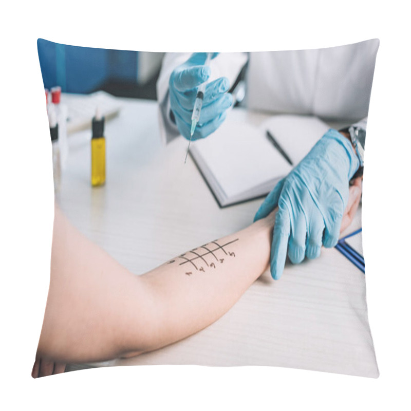 Personality  Cropped View Of Allergist In Latex Gloves Holding Syringe Near Woman While Doing Allergy Test In Clinic  Pillow Covers