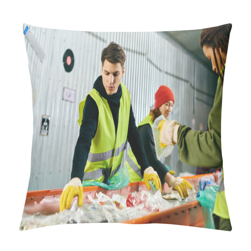 Personality  A Group Of Young Volunteers In Gloves And Safety Vests Sort Items In A Warehouse, Working Together To Make A Positive Impact. Pillow Covers