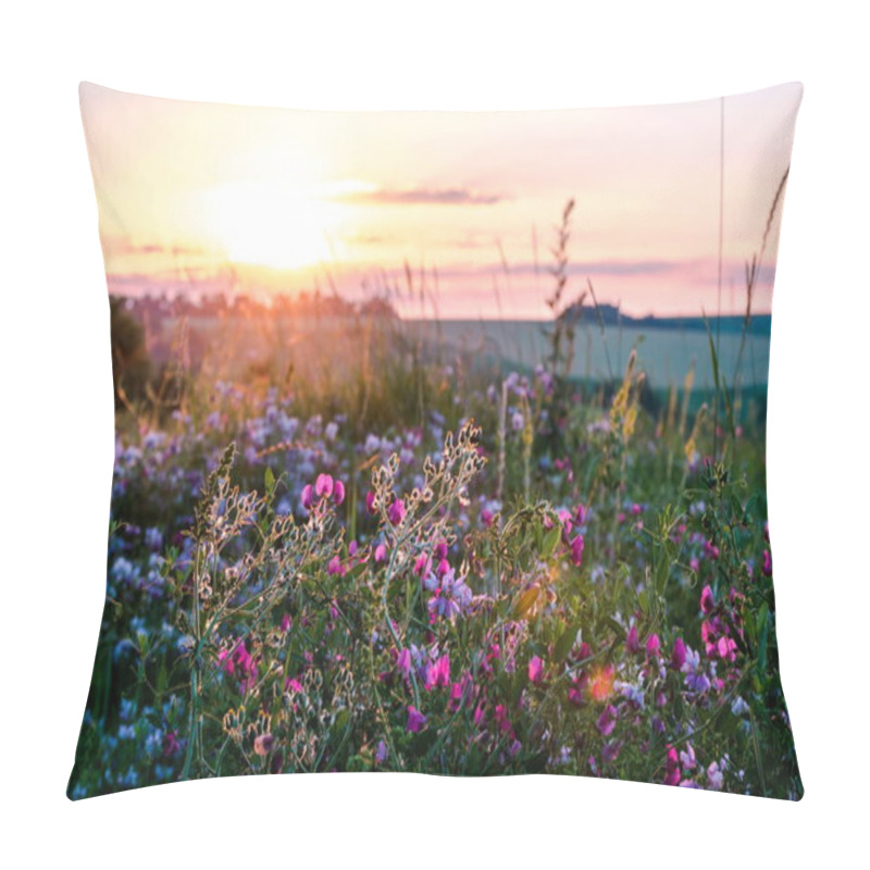 Personality  Beautiful Wildflowers On A Green Meadow. Warm Summer Evening Pillow Covers