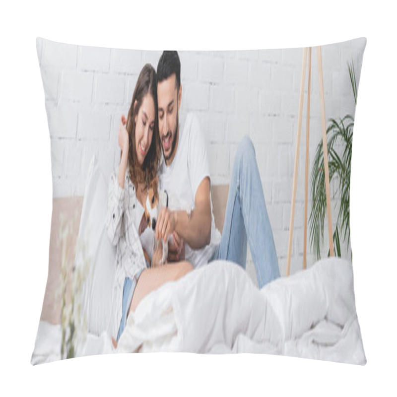 Personality  Happy Interracial Couple Cuddling Jack Russell Terrier In Bed, Banner Pillow Covers