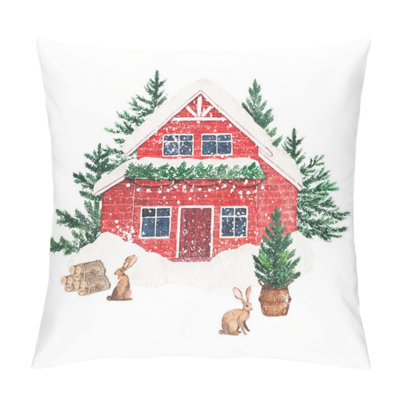 Personality  Watercolor Winter Cozy Snowy House With Christmas Trees Isolated On White Background. Winter Holiday Xmas Outdoor Home Interior Illustration Pillow Covers