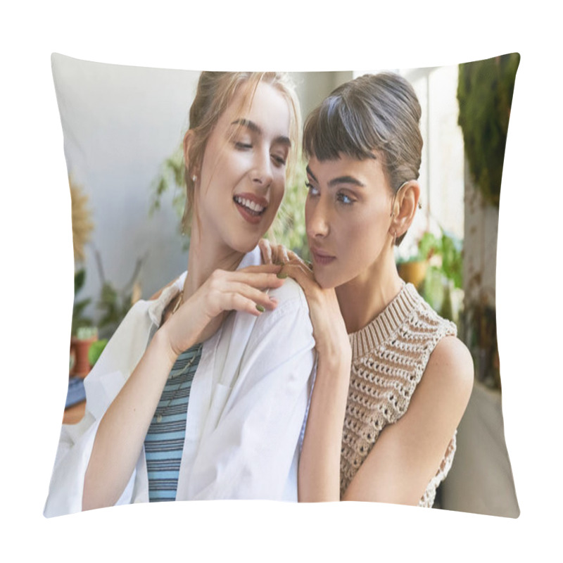 Personality  Two Women In An Art Studio Sharing A Tender Moment. Pillow Covers