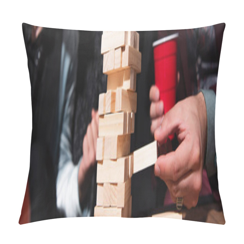 Personality  Cropped View Of Blurred Friends Playing Wood Blocks Game During Party, Banner Pillow Covers