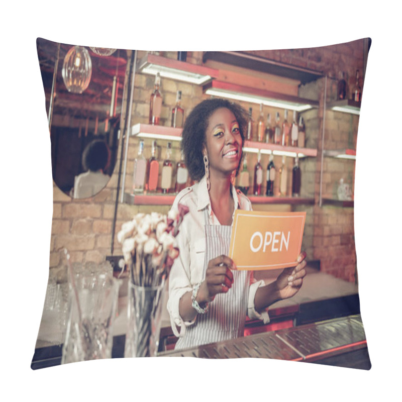 Personality  Attractive Afro-American Loft Bar Worker Keeping Open Sign In Hands Pillow Covers