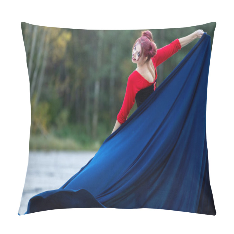 Personality  A Cheerful, Beautiful Young Woman In Motion, Wearing Red And Black Clothes With A Blue Cape: A Play Of Colors And Halloween Fun Pillow Covers