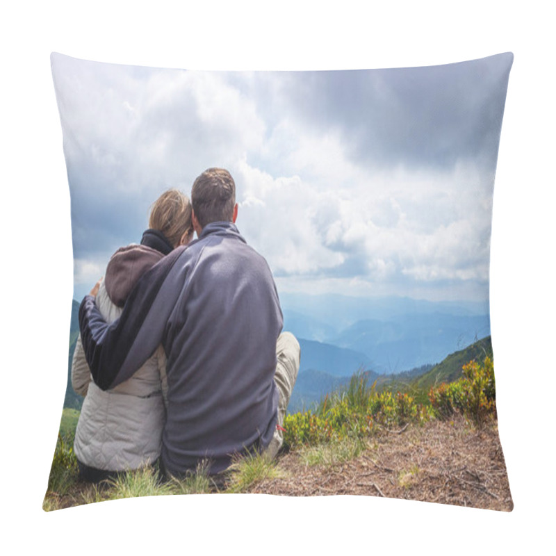 Personality  Happy Couple Of Tourists During A Travel In Mountains, Stand On The Top And Looking At The Cloudy Sky And The Valley. Pillow Covers