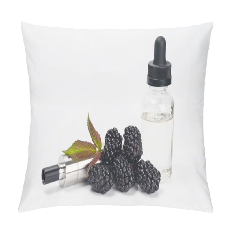 Personality  Electronic Cigarette And Concentrate For It In A Bottle With A Blackberry Taste Next To A Berry On A White Background Pillow Covers