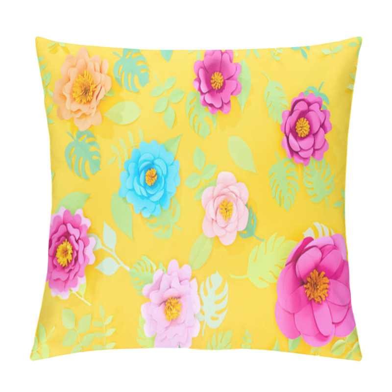 Personality  Top View Of Paper Cut Bright Flowers With Green Tropical Leaves On Yellow Bright Background Pillow Covers