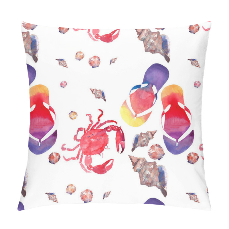 Personality  Colorful Bright Lovely Comfort Summer Pattern Of Beach Flip Flops Red Crabs Pastel Cute Seashells Watercolor Hand Illustration Pillow Covers