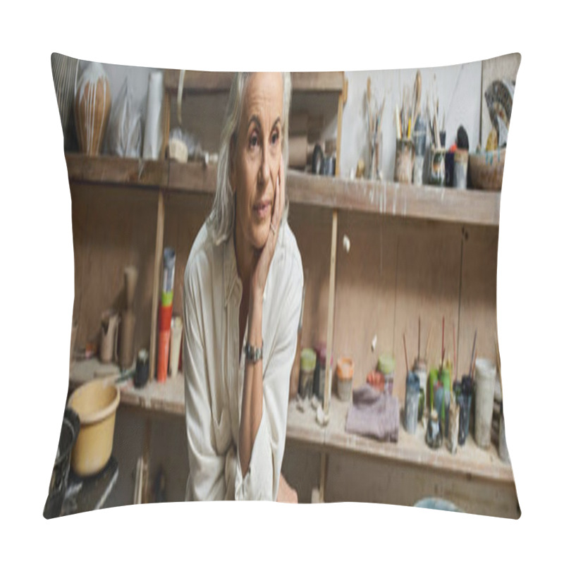 Personality  A Beautiful Woman Finds Peace In Her Pottery Studio Filled With Vibrant Materials. Pillow Covers