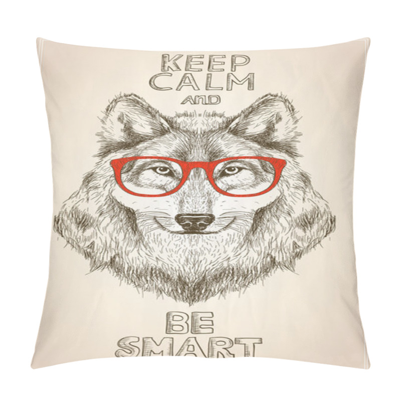 Personality  Hipster Wolf Portrait With Glasses, Hand Drawn Graphic Illustartion Pillow Covers