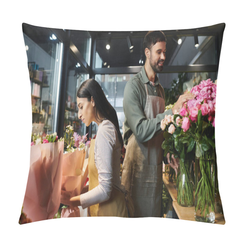 Personality  A Couple Works Harmoniously In Their Florist Shop, Crafting Beautiful Bouquets And Arrangements. Pillow Covers