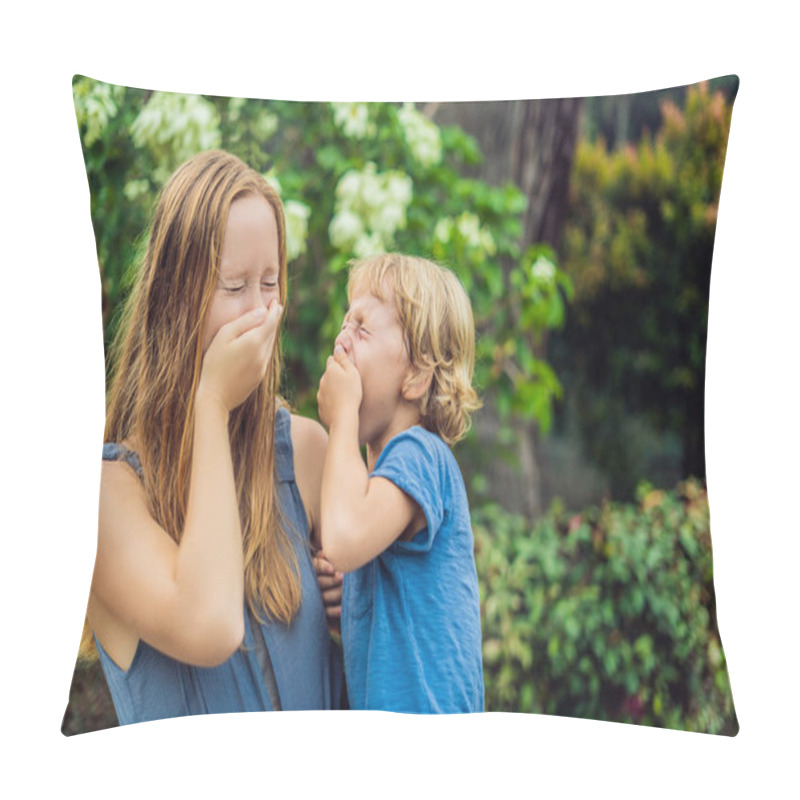 Personality  Mother And Son Blowing Nose In Front Of Blooming Tree. Spring Allergy Concept. Childrens Allergies Pillow Covers