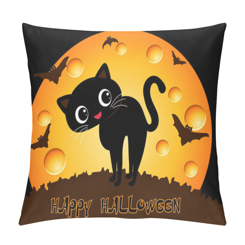 Personality  Cute Black Cat And Bats On The Background Of The Night Moon. Halloween Illustration, Vector Pillow Covers