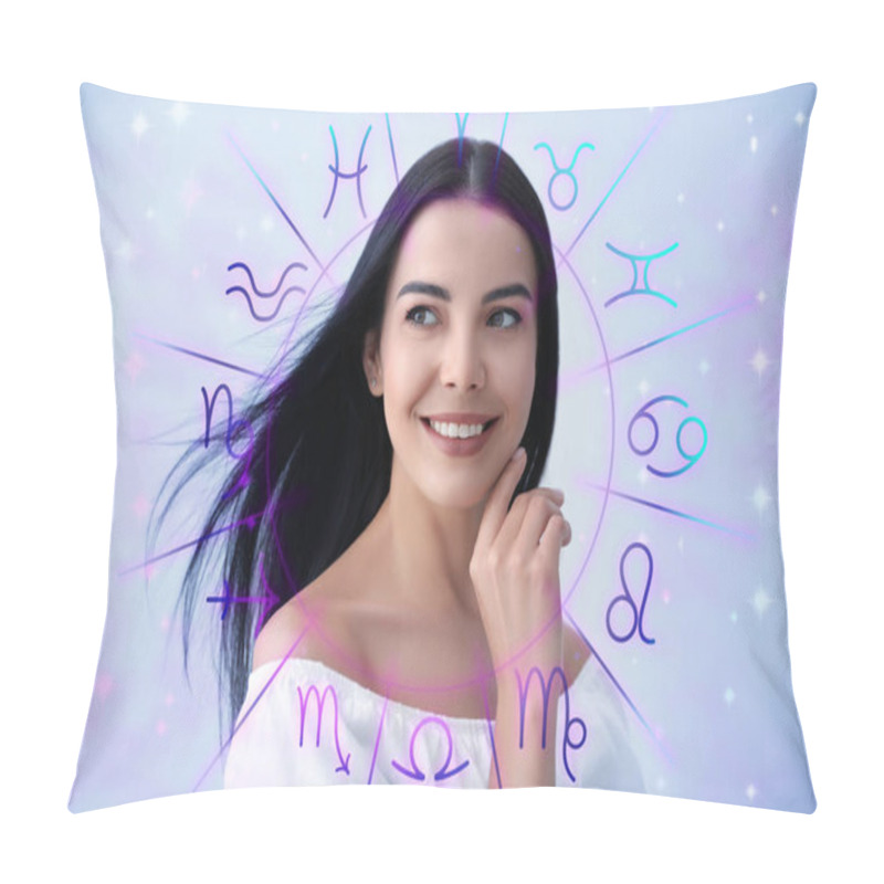 Personality  Beautiful Young Woman And Illustration Of Zodiac Wheel With Astrological Signs On Light Background Pillow Covers