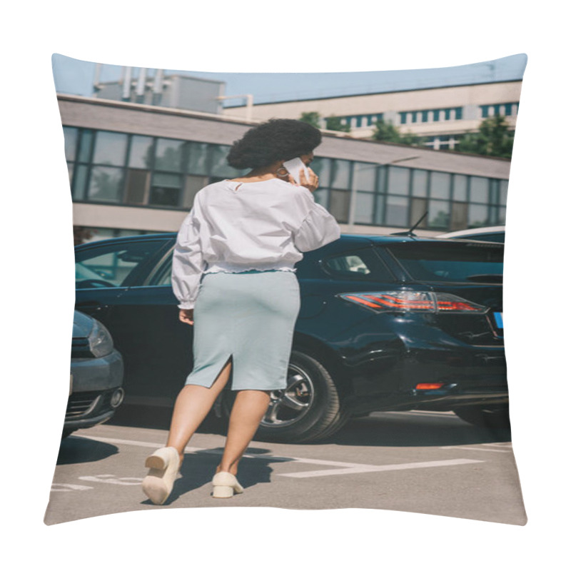 Personality  Back View Of African American Businesswoman Talking By Smartphone On Parking Pillow Covers