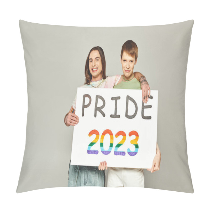 Personality  Cheerful Lgbt Friends Holding Pride 2023 Placard And Looking At Camera While Celebrating Lgbtq Community Holiday In June On Grey Background In Studio  Pillow Covers