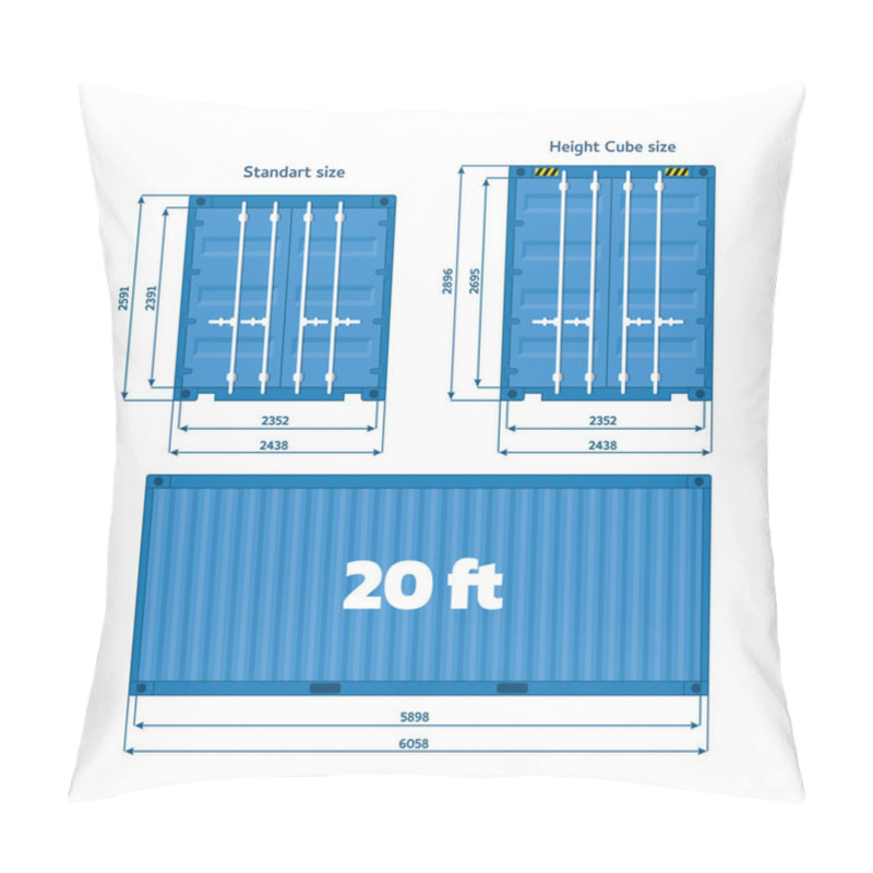 Personality  Common Container Sizes. Standart ISO Sizes 10', 20', 40'. Storage Shipping Container Isolated. Blue Cargo Container Front, Side View. Vector Illustration On White Background. Pillow Covers