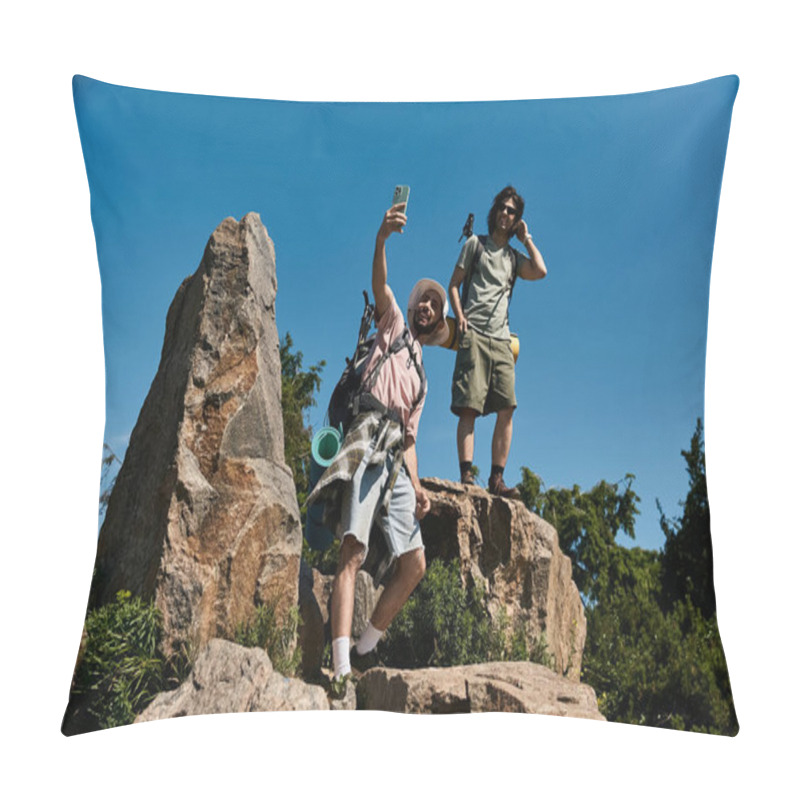 Personality  Two Young Gay Men Hike And Take A Selfie On A Rocky Mountaintop During A Summer Day. Pillow Covers