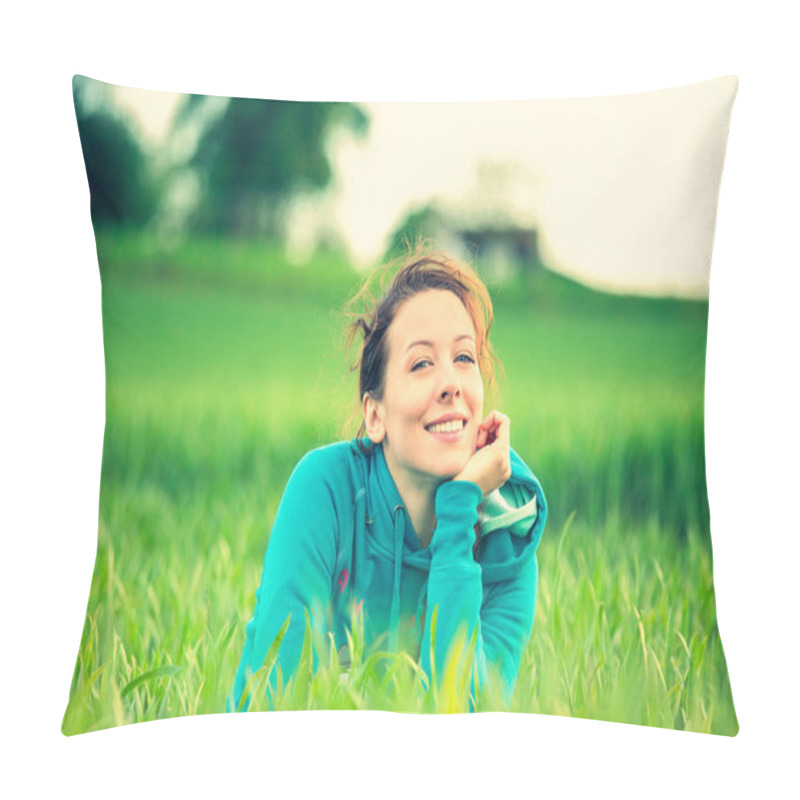 Personality  Beautiful Spring Summer Young Woman Outdoors Enjoying Nature Pillow Covers