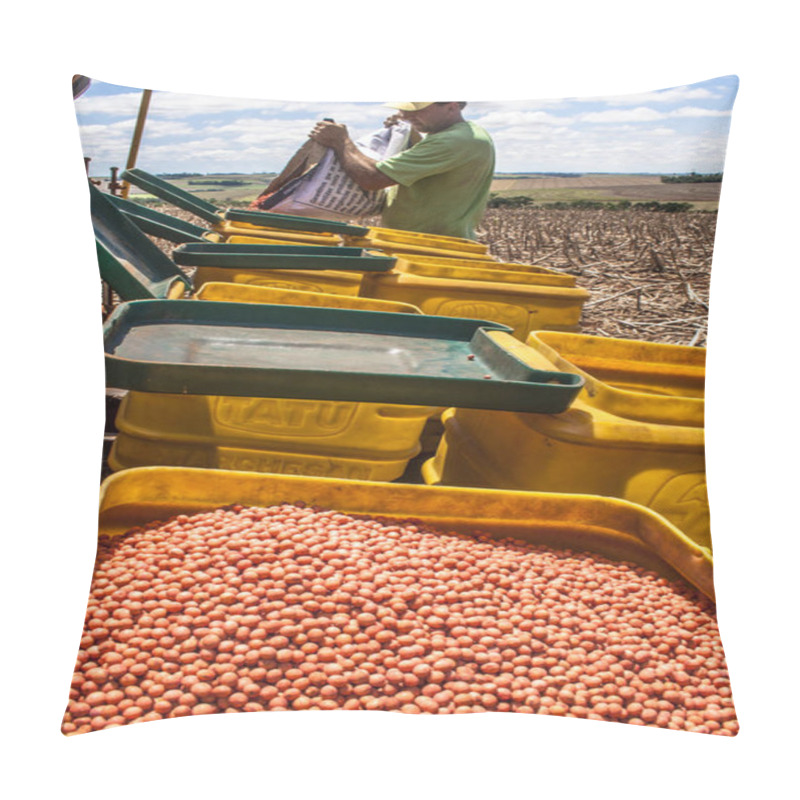 Personality  Parana, Brazil, October 24, 2009. Undefined Farmer Load Of Soybeans Seeds A Planter Machine Pillow Covers