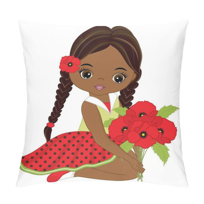 Personality  Beautiful Black Girl With Bouquet Of Red Poppies Pillow Covers