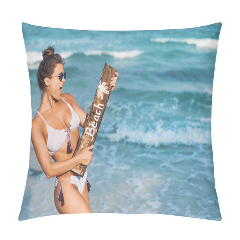 Personality  Young Sexy Woman Wearing Swimsuit With Old Wooden Sign On The Beach  Pillow Covers