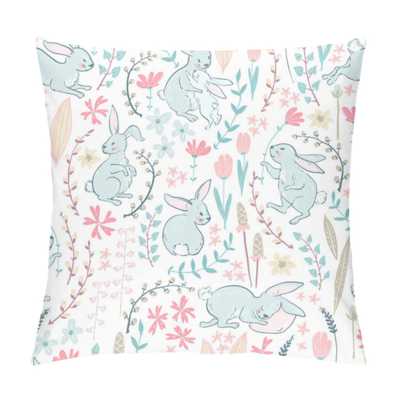 Personality  Easter Seamless Pattern With Cartoon Cute Bunnies And Flowers With Branches In Pastel Colors, Vector, Illustration Pillow Covers