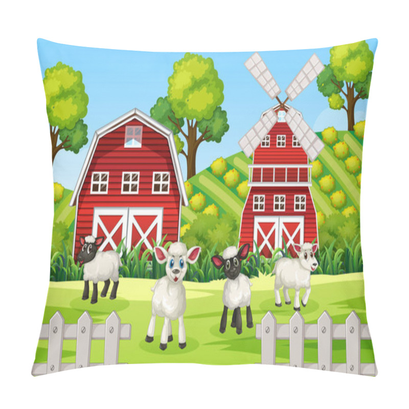 Personality  Farm Scene In Nature With Barn And Windmill And Sheeps Illustration Pillow Covers